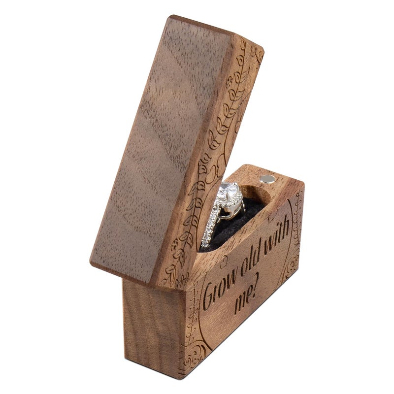Wislist Wooden Engagement Ring Box Small Slim Flat Ring Case for Proposal,Wedding (Grow old with me) - Image 5