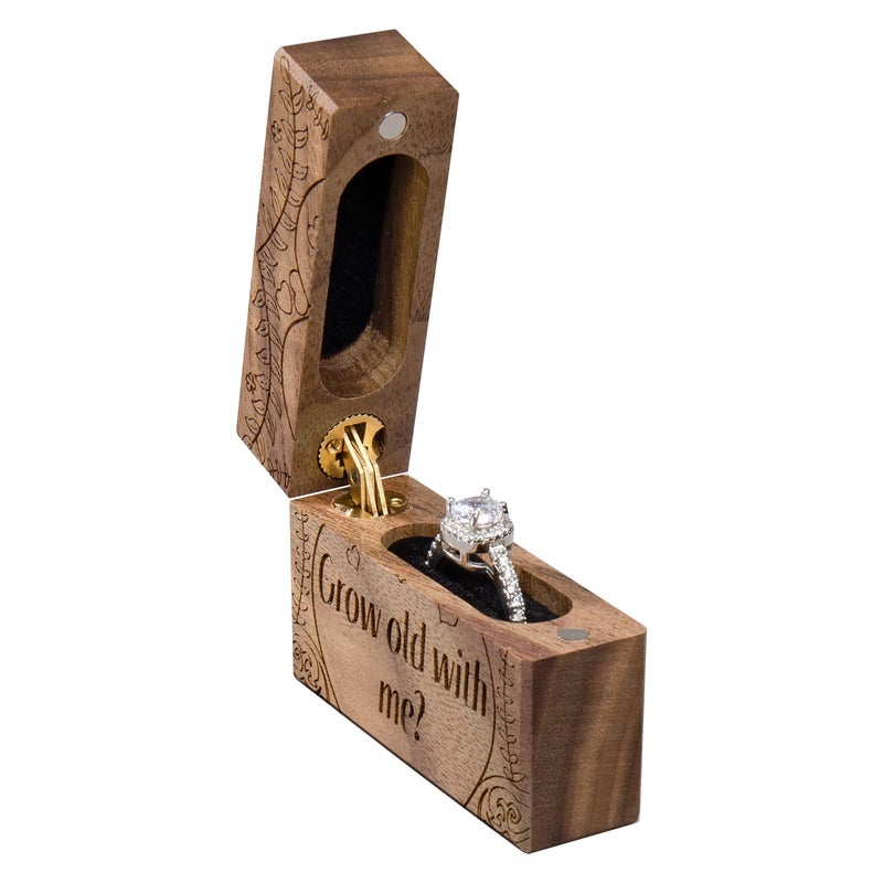 Wislist Wooden Engagement Ring Box Small Slim Flat Ring Case for Proposal,Wedding (Grow old with me) - Image 4