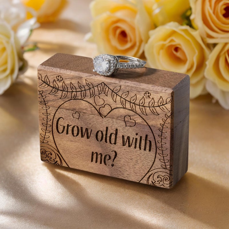 Wislist Wooden Engagement Ring Box Small Slim Flat Ring Case for Proposal,Wedding (Grow old with me) - Image 2