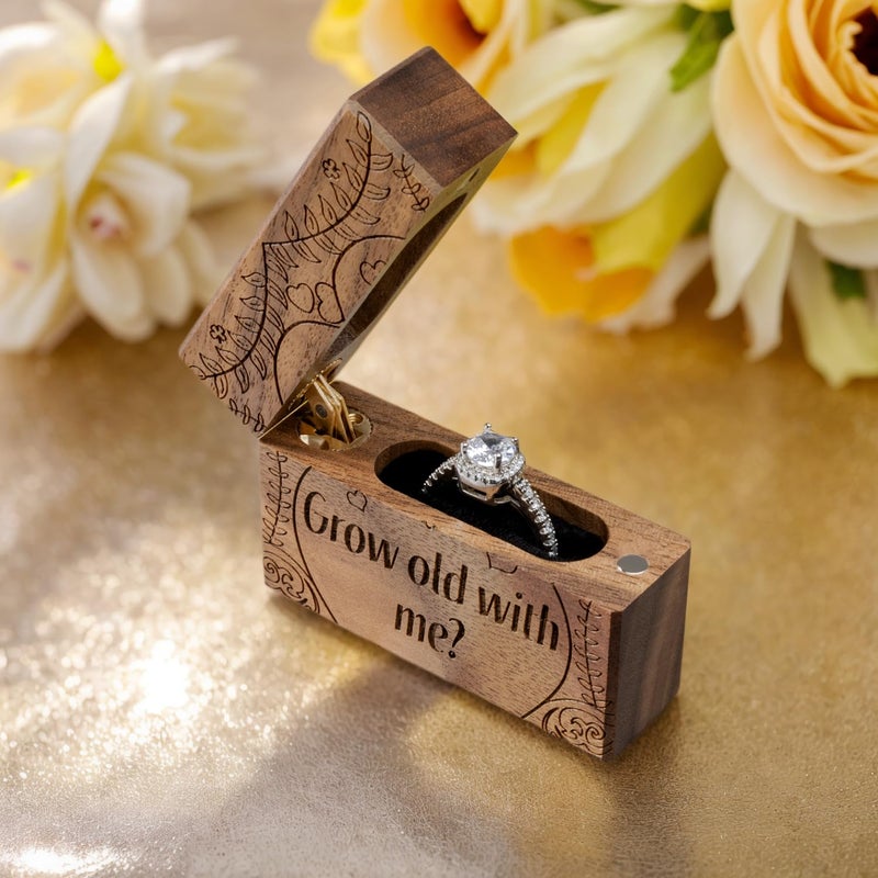 Wislist Wooden Engagement Ring Box Small Slim Flat Ring Case for Proposal,Wedding (Grow old with me) - Image 3