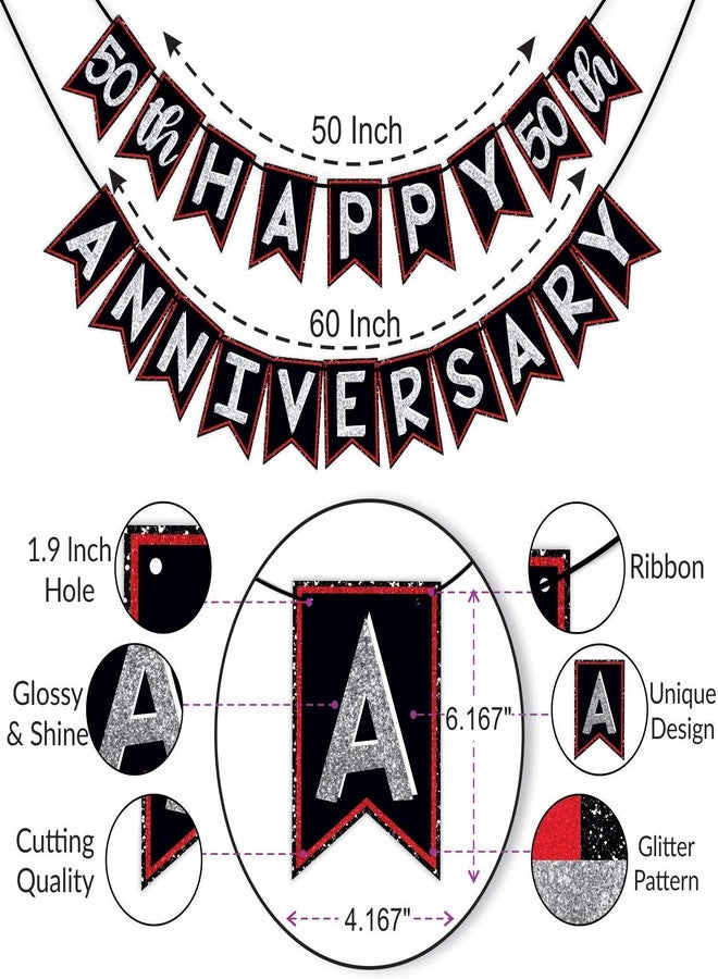 Wobbox 50th Anniversary Bunting Banner, Red Gliter & Black, Anniversary Party Decoration - Image 2