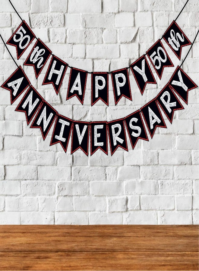 Wobbox 50th Anniversary Bunting Banner, Red Gliter & Black, Anniversary Party Decoration - Image 1