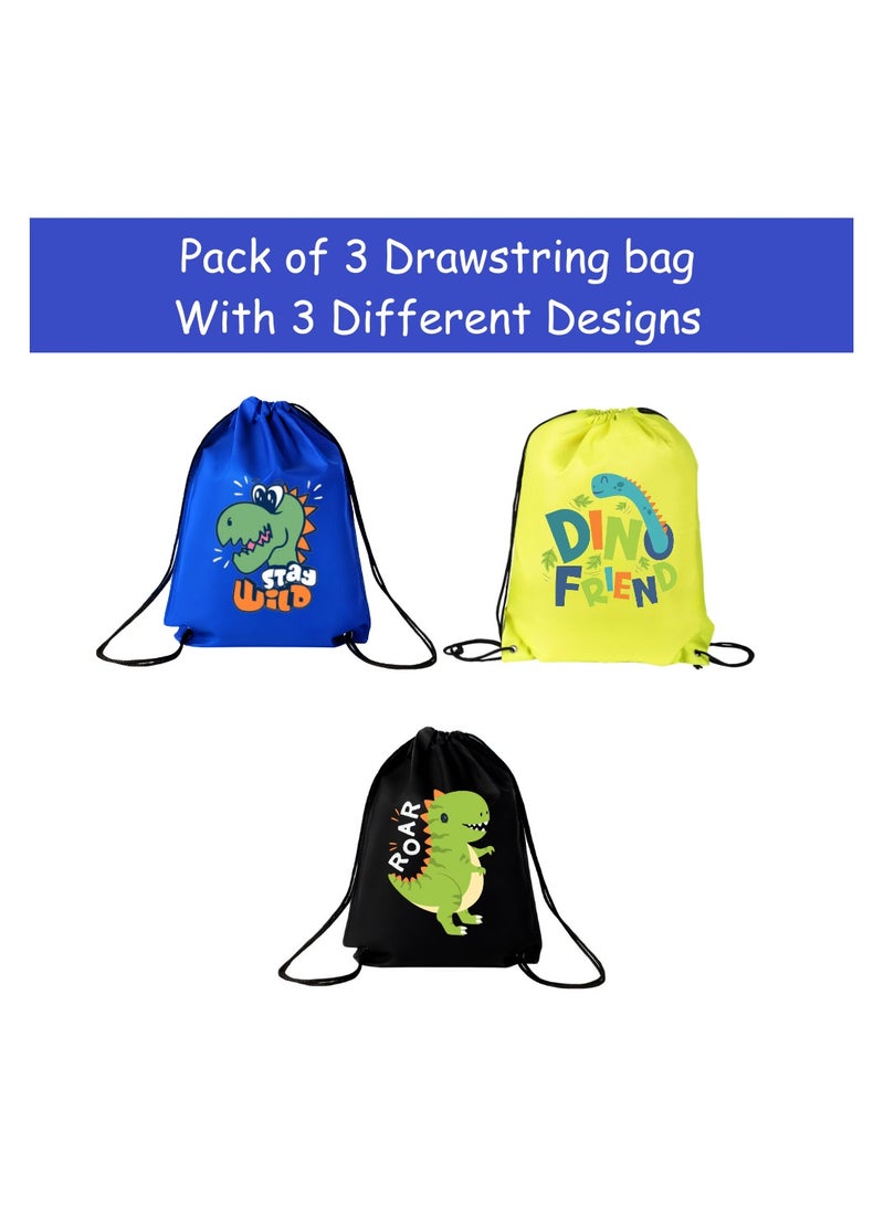 برينت شوب فور مي مجموعة من 3 حقائب برباط بتصميم ديناصور للأولاد - حقيبة ظهر رياضية متينة للأطفال، رائعة للمدرسة والاستخدام اليومي، خفيفة الوزن مع طباعة ديناصور للاستخدام اليومي - Image 2
