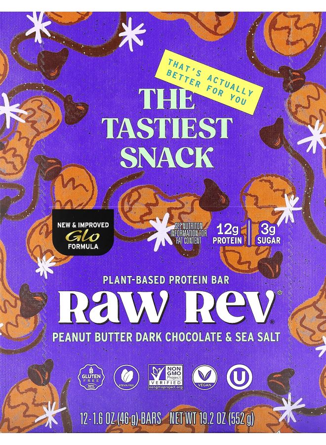 RAW REV PlantBased Protein Bar Peanut Butter Dark Chocolate & Sea Salt 12 Bars 1.6 oz (46 g) Each 
