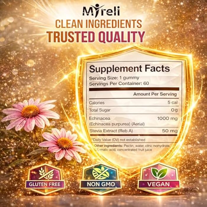 MYRELI Echinacea 1000mg Gummies Supplement – Herbal Immune Formula, Botanical Antioxidant Blend, Vegan Plant Based, Non-GMO, Gluten Free, Chewable for Adults, Daily Wellness Option, 60 Count Bottle - Image 3