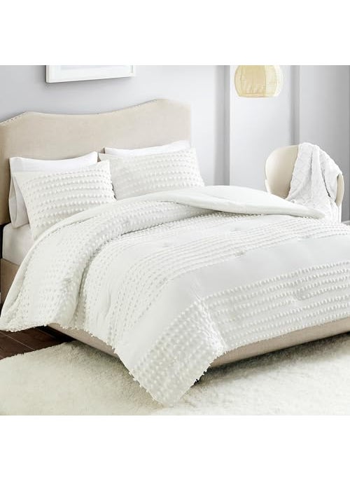 Comfort Spaces Comfort Spaces Cotton Comforter Set Jacquard PomPom Tufts Design Down Alternative All Season Modern Bedding Matching Shams FullQueen Phillips Ivory 