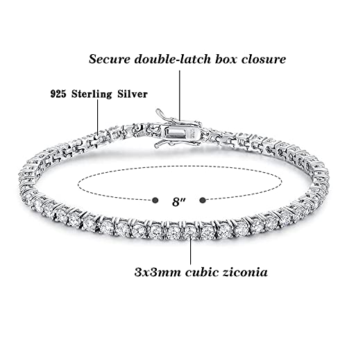 TIKJE 925 Sterling Silver 3mm Cubic Zirconia Classic Tennis Bracelet | White Gold Bracelets for Women | Size 8 Inch - Image 3