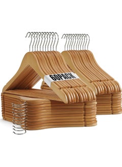 CityRiya-Long Wooden Hangers 60 Pack Natural Wood Clothes Hangers Heavy Duty Coat Hangers Non Slip for Jacket, Shirt, Pants and Suit Premium Solid Clothes Robe Hangers Dress Hangers for Closet  - Image 1