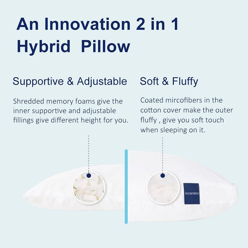 ACCURATEX Standard Pillows 2 Pack, Adjustable Hybrid Memory Foam,46x61cm | removable cotton cover,side back stomach sleepers,fluffy down alternative - Image 2