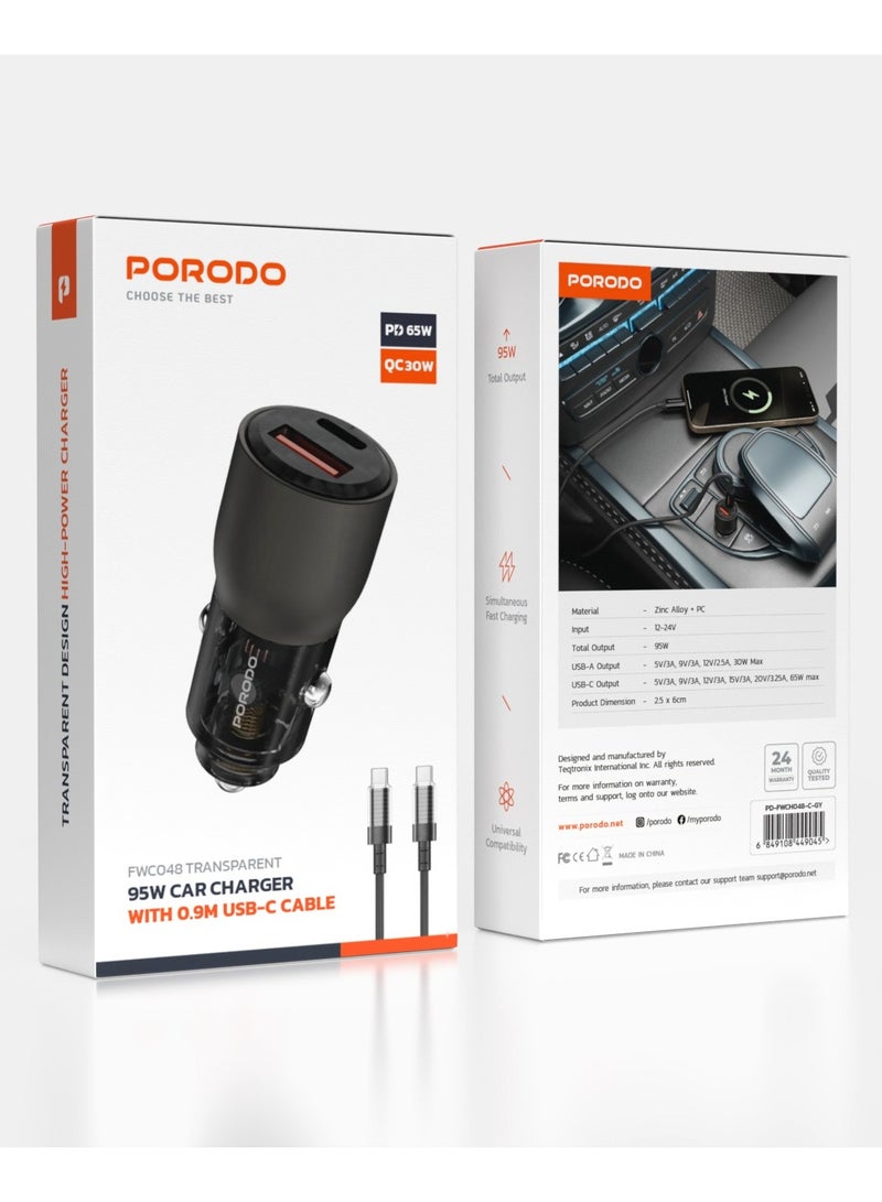 porodo 95W Car Charger Transparent Multi-Device PD Charging with 90cm USB-C to USB-C Cable / Simultaneous Fast Charging / Universal Compatibility / Efficient Charging for Road Trips and Travel - Image 2