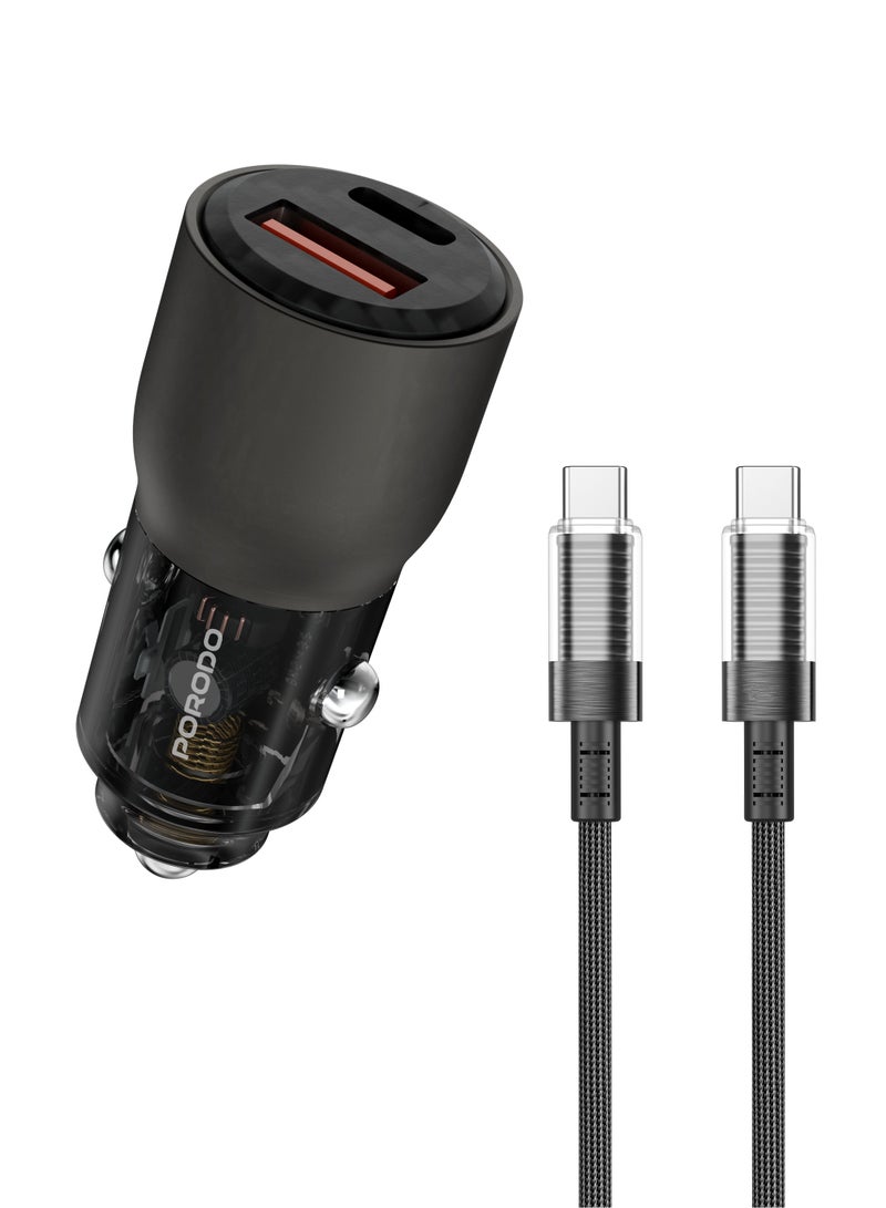 porodo 95W Car Charger Transparent Multi-Device PD Charging with 90cm USB-C to USB-C Cable / Simultaneous Fast Charging / Universal Compatibility / Efficient Charging for Road Trips and Travel - Image 1