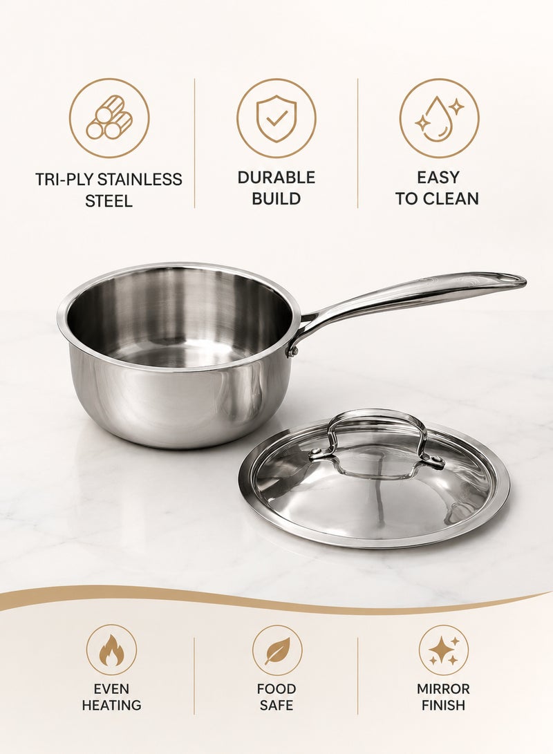 Aanya Homecraft وعاء صلصة من الفولاذ المقاوم للصدأ ثلاثي الطبقات بحجم جامبو مميز مع غطاء، 20 سم – وعاء طهي فضي عميق إضافي بمقبض طويل للحساء، الحليب، الصلصات والطهي العائلي الكبير - Image 4