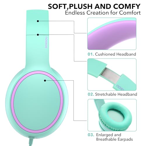 RORSOU R10 Over-Ear Headphones with Microphone Lightweight Folding Stereo Bass Headset with 1.5M No-Tangle Cord Portable Wired Headphones for Smartphone Tablet Computer Green - Image 4