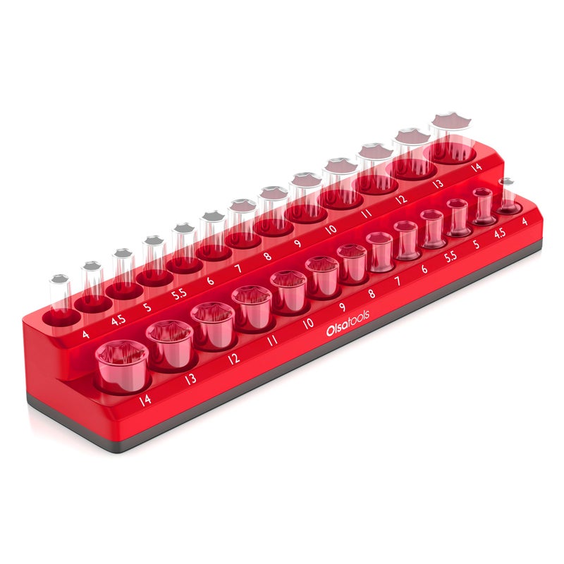 Olsa Tools Magnetic Socket Holder  14inch Drive  Metric  Red  Holds 26 Sockets  Professional Quality Tools Organizer