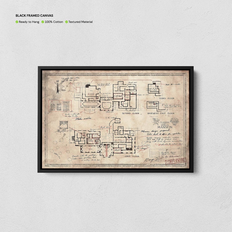 TNESSENTIAL The Spencer Mansion Plan Print, Resident Evil Poster, Gamer Wall Art, Raccoon City Police Department Mansion Plan Map Canvas, Gamer Gifts - Image 1