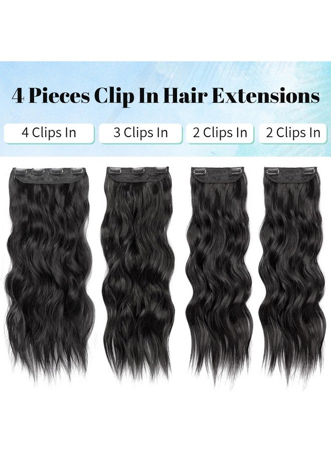 KooKaStyle KooKaStyle Clip in Synthetic Hair Extensions Long Wavy 4PCS Thick Hairpieces Black Fiber Double Weft Natural Hair Extensions 24 Inch for Women  - Image 2