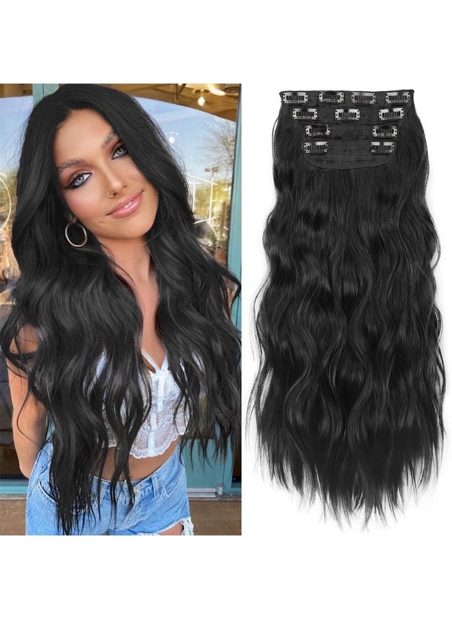 KooKaStyle KooKaStyle Clip in Synthetic Hair Extensions Long Wavy 4PCS Thick Hairpieces Black Fiber Double Weft Natural Hair Extensions 24 Inch for Women  - Image 1