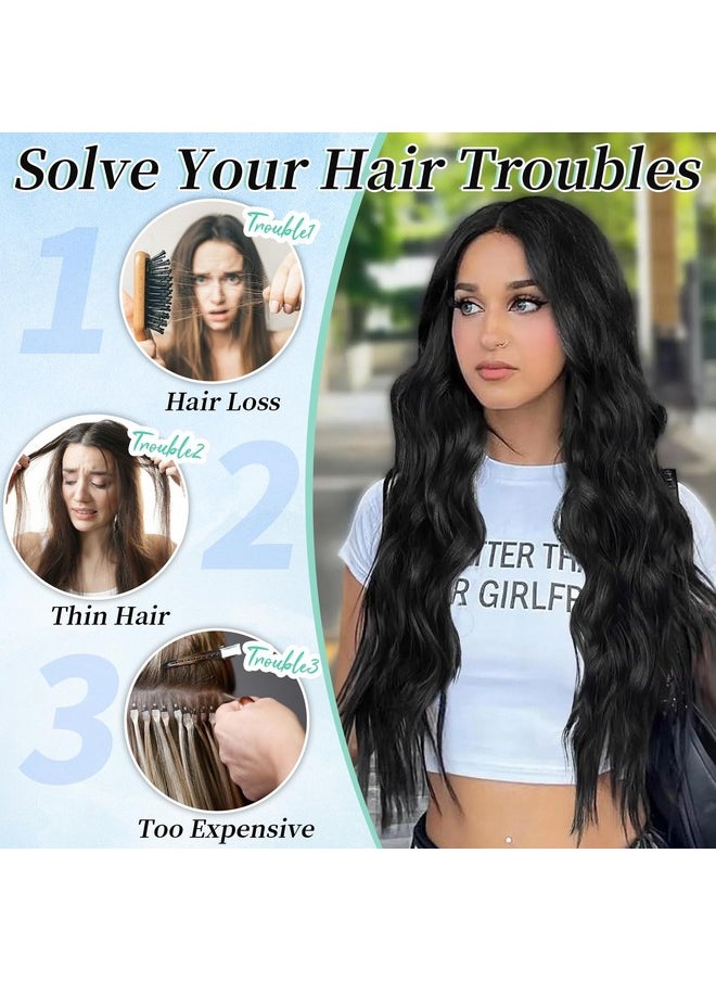 KooKaStyle KooKaStyle Clip in Synthetic Hair Extensions Long Wavy 4PCS Thick Hairpieces Black Fiber Double Weft Natural Hair Extensions 24 Inch for Women  - Image 3