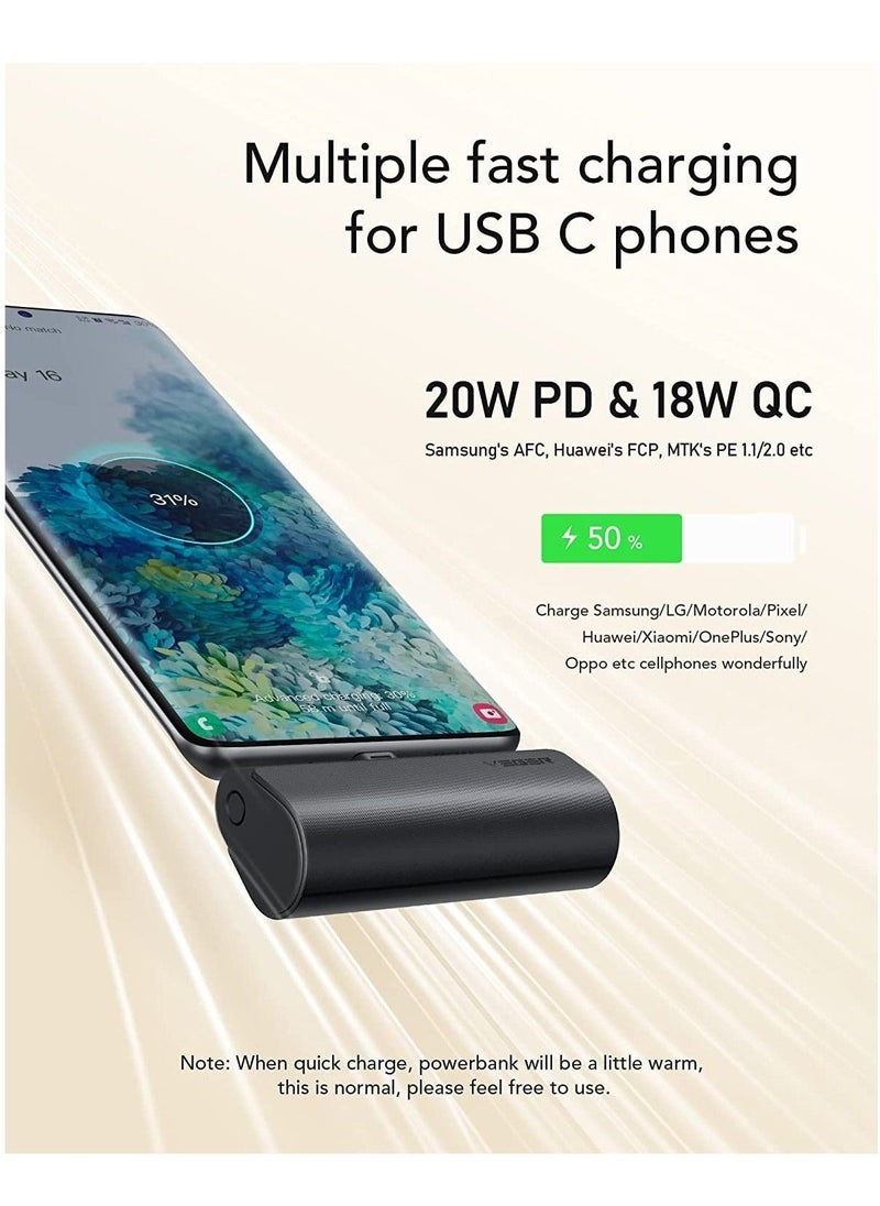 بنك طاقة ميني VEGER بسعة 5000 مللي أمبير، شاحن محمول سريع الشحن 20 واط، حزمة بطارية USB C متوافقة مع هواتف USB C سامسونج هواوي بيكسل والمزيد، أسود - Image 2