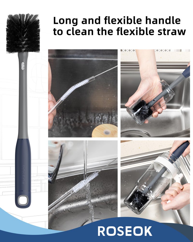 ROSEOK 2 in 1 Long Handle Bottle Brush with Straw Brush for Cleaning Glass, Sports Bottle, Coffee Mug, Gray, 1 Pack - Image 5