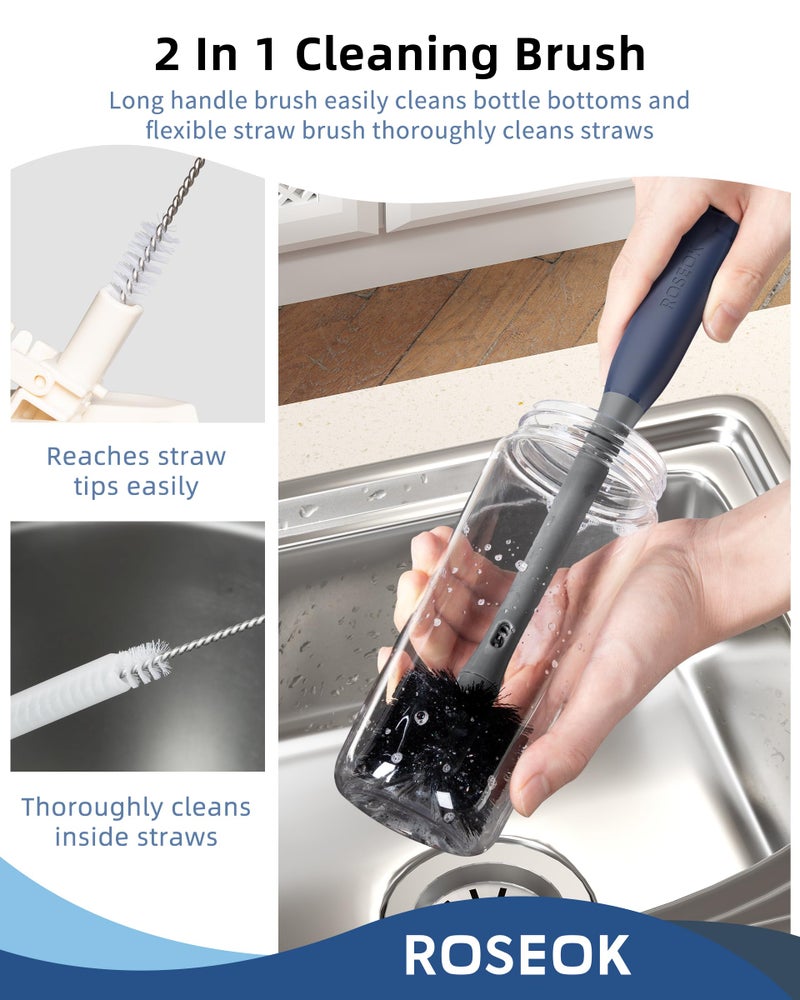 ROSEOK 2 in 1 Long Handle Bottle Brush with Straw Brush for Cleaning Glass, Sports Bottle, Coffee Mug, Gray, 1 Pack - Image 3