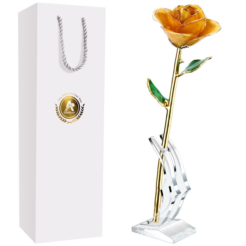 AliveRose AliveRose Gold Rose Made from Real Rose  Unique Design Dipped Rose for Anniversary Valentines Mothers Day Birthday Gifts Yellow with Stand 