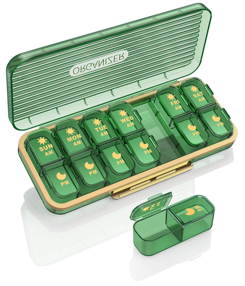 Acedada Pill Organizer 2 Times A Day, 7 Day Am Pm Pill Box - Acedada Weekly Pill Organizer with Separate Container, Portable Daily Medicine Planner Dispenser Case for Vitamin, Fish Oils, Supplements, Green - Image 1