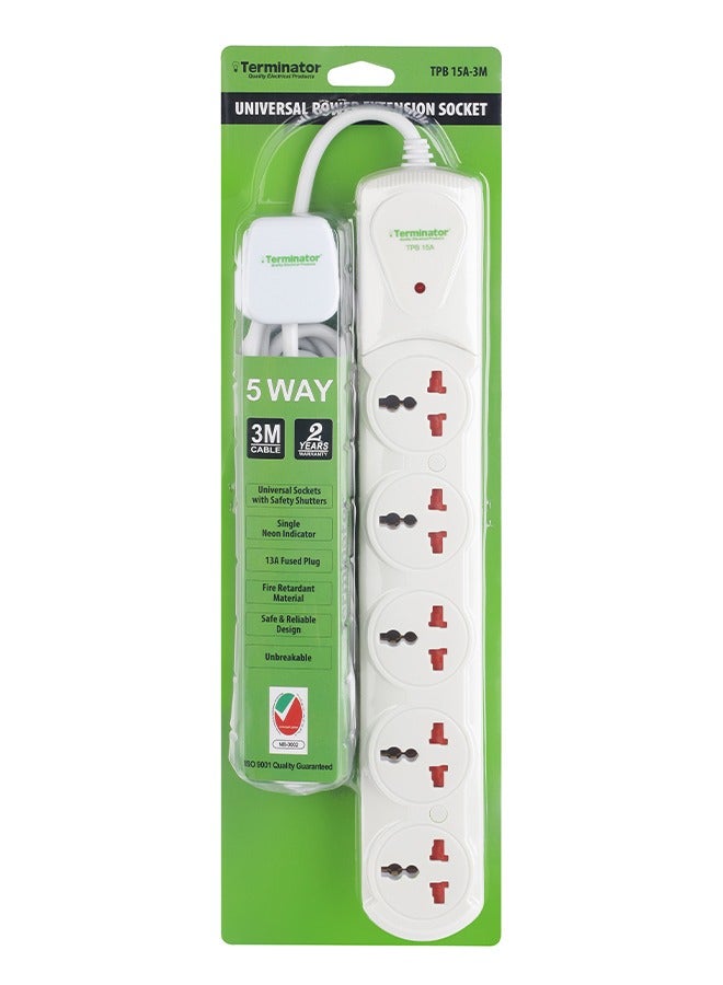Terminator 5 Way Universal Power Extension Socket With Single Indicator 1.00mm2 Cable 3M 13A Fused Plug 