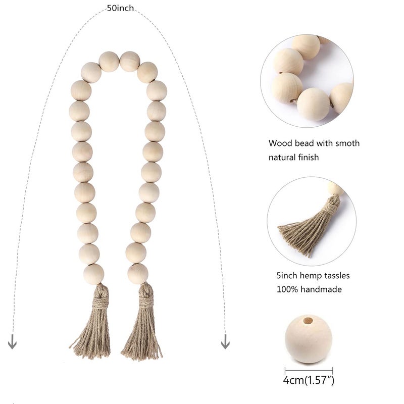 Elifel Farmhouse Decor Large Wood Bead Garland 50Inch Long With 1.6"" Diameter Beads  Natural Wooden Beads Decor With Tassels Decorative Boho Country Decoration For Coffee Table Home Tiered Tray Wall Hanging - Image 3