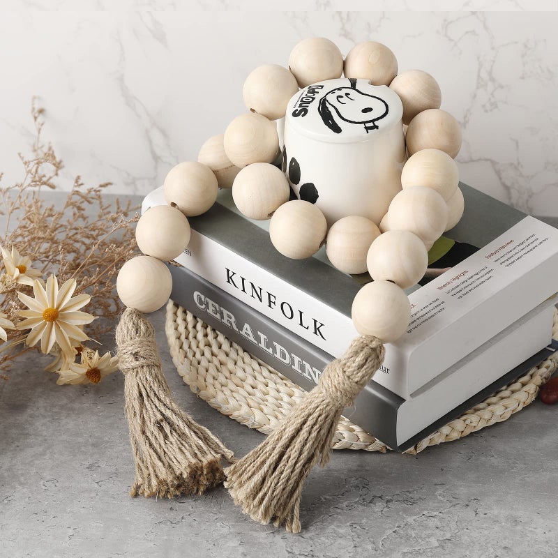 Elifel Farmhouse Decor Large Wood Bead Garland 50Inch Long With 1.6"" Diameter Beads  Natural Wooden Beads Decor With Tassels Decorative Boho Country Decoration For Coffee Table Home Tiered Tray Wall Hanging - Image 1