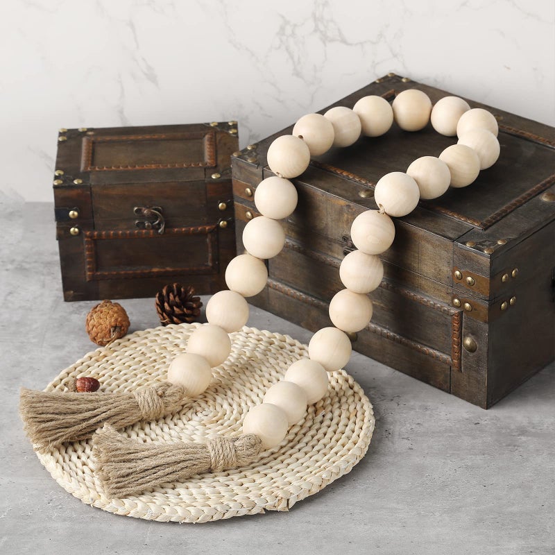 Elifel Farmhouse Decor Large Wood Bead Garland 50Inch Long With 1.6"" Diameter Beads  Natural Wooden Beads Decor With Tassels Decorative Boho Country Decoration For Coffee Table Home Tiered Tray Wall Hanging - Image 4