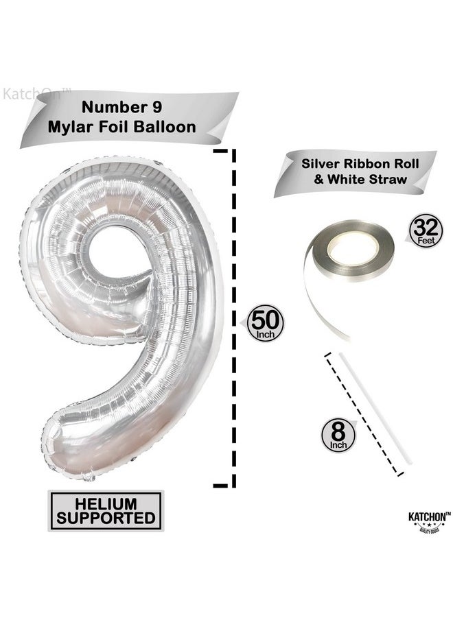 KATCHON - Giant Silver 9 Balloon Number 50 Inch ; Silver Number 9 Balloons For Birthdays ; 9Th Birthday Balloons Decor 9Th Birthday Decorations For Boys ; Silver 9 Balloon For Cloud 9 Birthday Décor - Image 1