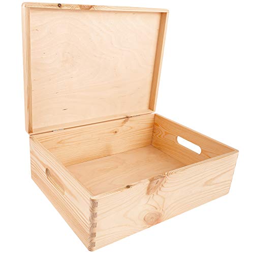 Creative Deco XL Wooden Storage Box with Hinged Lid | 15.8x11.8x5.5in (+-0.5) | Plain Unpainted Gift Box with Handles for Tool Toy Shoes Kitchen Clothes Jewelry | Rough & UNSANDED Wood - Image 1