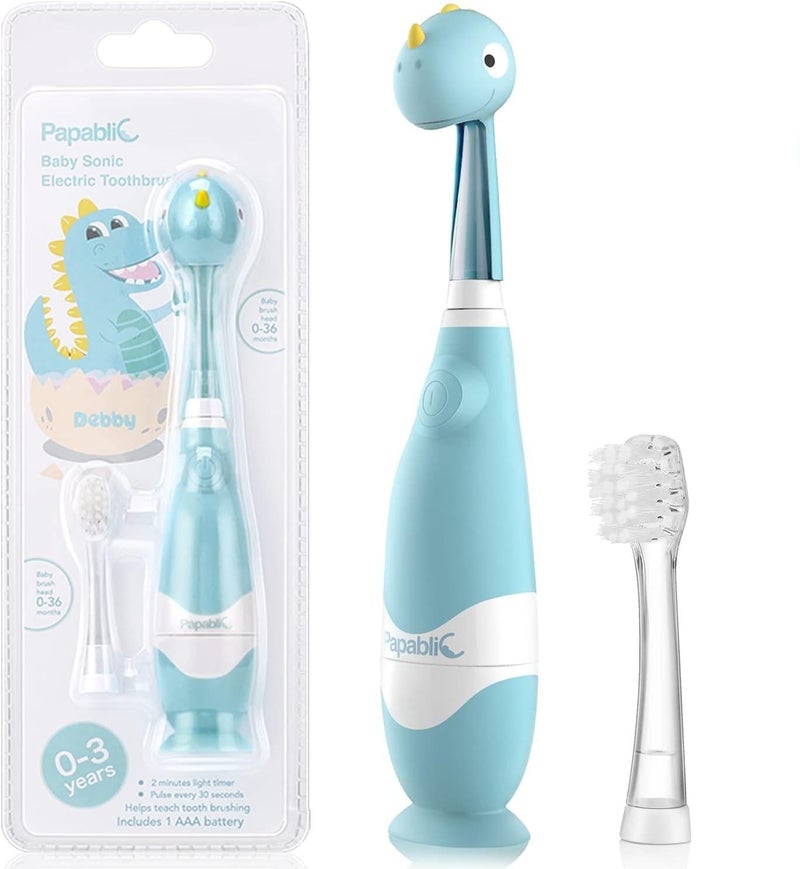 Papablic Toddler Sonic Electric Toothbrush Kids for Ages 1-3 Years, Baby Electric Toothbrush with Cute Dino Cover and Smart LED Timer, 2 Brush Heads (Debby) - Image 1