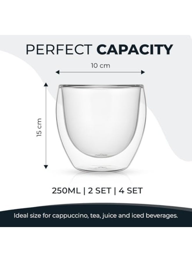 BLACKSTONE Double Wall Glass Coffee Mugs 250ML Hot & Cold Borosilicate Insulated Glasses for Home, Cafe & Restaurant, DG824 (Clear, 4 Piece Set) - Image 5