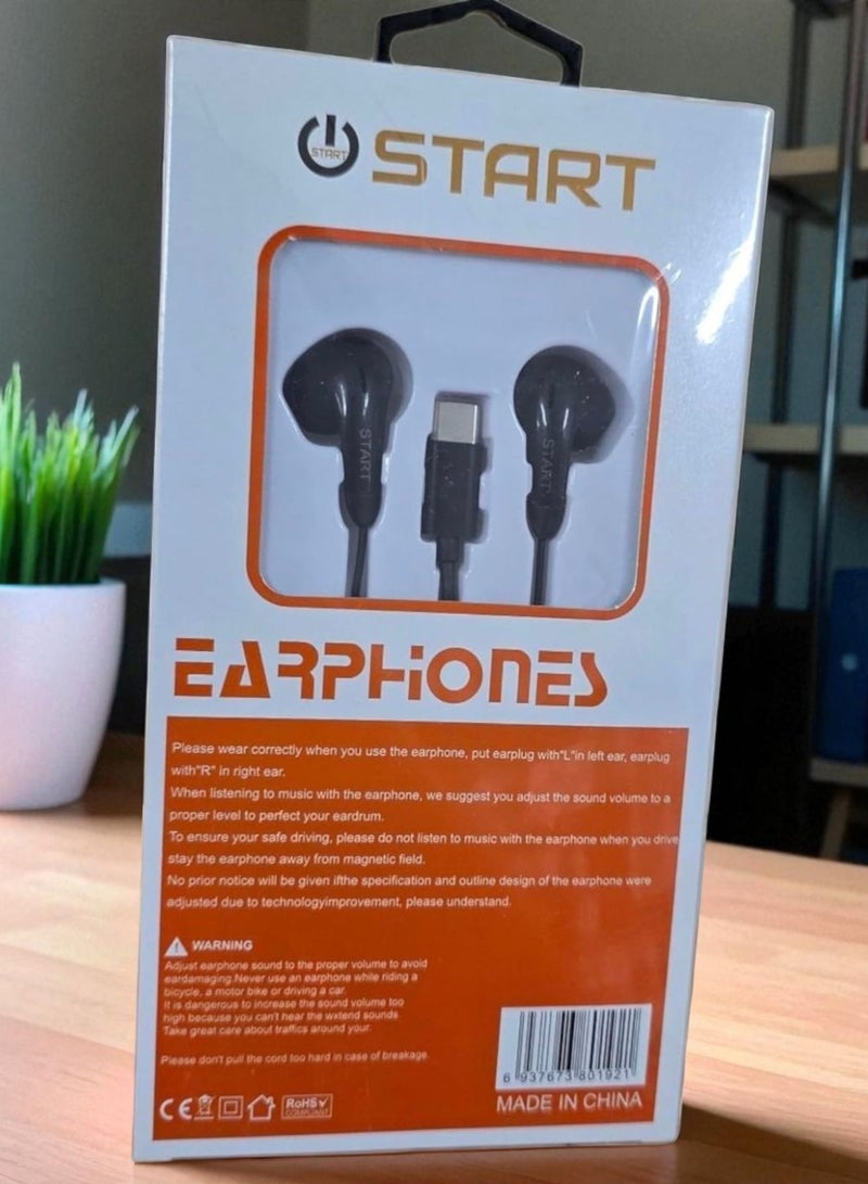 ستارت سماعات أذن سلكية START ST4 من النوع C، ستيريو عالية الدقة، USB C، مزودة بميكروفون وتحكم في مستوى الصوت، متوافقة مع الهواتف الذكية ذات منافذ الأذن من النوع C، باللون الأسود - Image 1