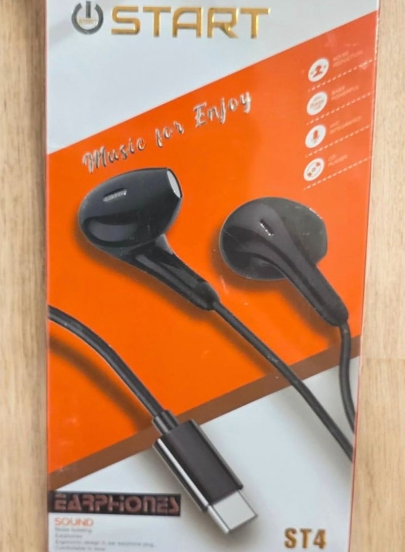 ستارت سماعات أذن سلكية START ST4 من النوع C، ستيريو عالية الدقة، USB C، مزودة بميكروفون وتحكم في مستوى الصوت، متوافقة مع الهواتف الذكية ذات منافذ الأذن من النوع C، باللون الأسود - Image 2