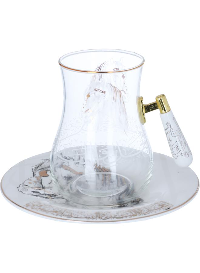 السيف  طقم تقديم الشاي والقهوة سهيل زجاجي + بورسلين مع صحون بنمط عربي 26 قطعة باللون الأبيض - Image 4