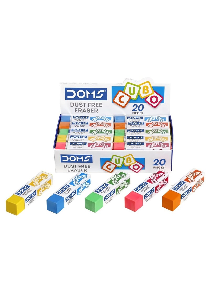 Doms Dust Free Cubo Eraser Box Pack | Comfortable Edge for Easy Handling | Non-Toxic & Safe for Kids | Attractive Body Colors | Pack of 20 Pcs - Image 1