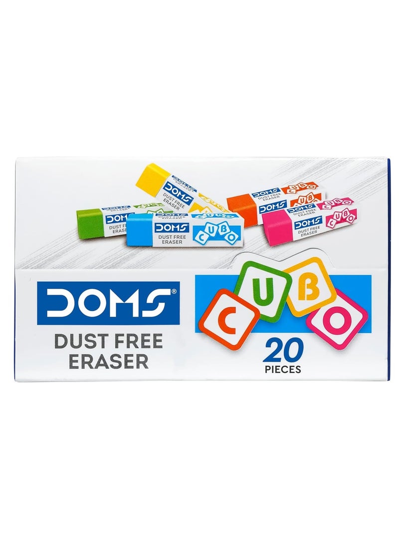 Doms Dust Free Cubo Eraser Box Pack | Comfortable Edge for Easy Handling | Non-Toxic & Safe for Kids | Attractive Body Colors | Pack of 20 Pcs - Image 2