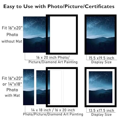 JCJMY 16x20 Picture Frame Black with 14x18 Mat for 40 x 50cm Diamond Art Painting, Display Photo 14x18 with Mat or 16 x 20 Without Mat, Wall Hanging Large Frame with Plexiglass, Black - Image 3
