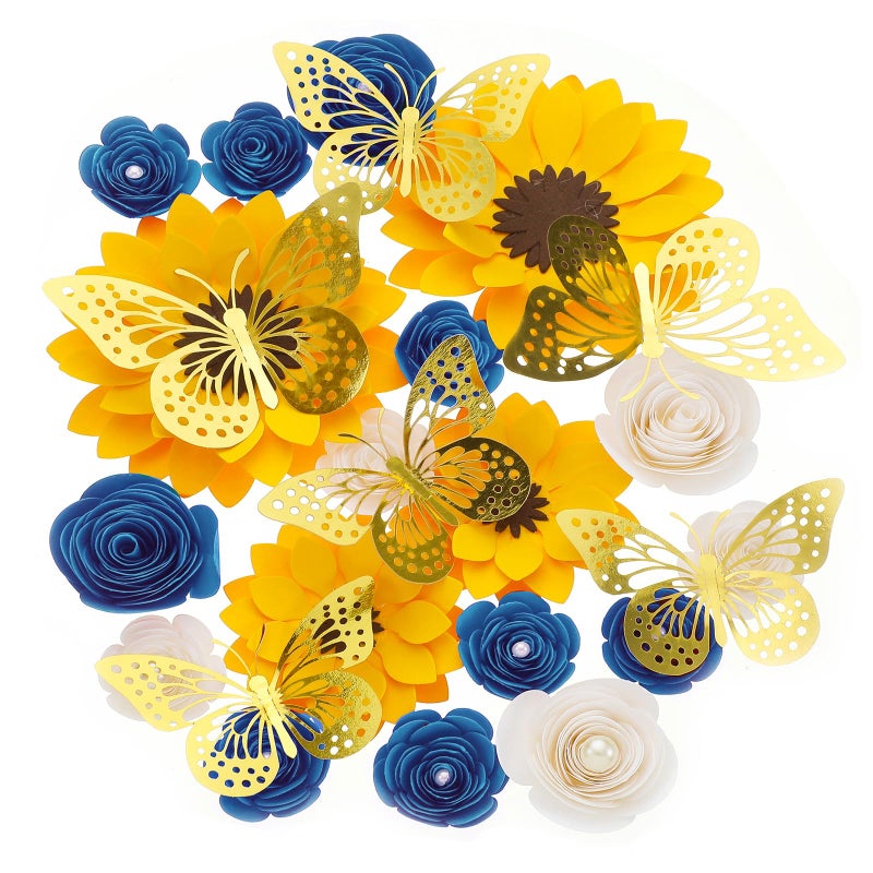 Nezyo 30 Pack Flower and Butterfly DIY Decorations Set 18 Pcs Flower Heads 12 Pcs 3D Butterfly Flat Back Roses Yellow Sunflower Heads for Grad Hats Wedding Baby Shower Home Decor(Blue, Yellow) - Image 1