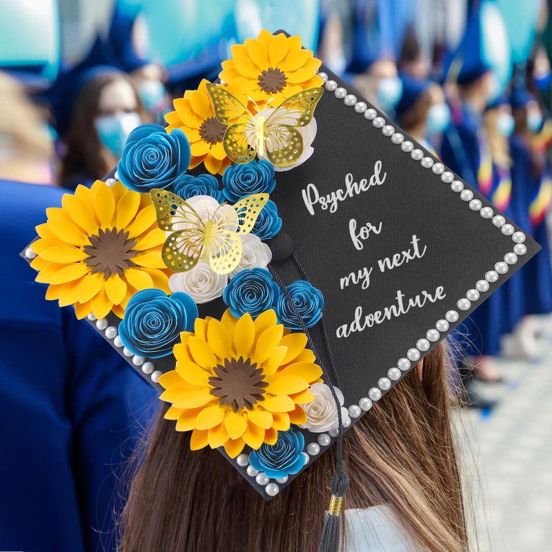 Nezyo 30 Pack Flower and Butterfly DIY Decorations Set 18 Pcs Flower Heads 12 Pcs 3D Butterfly Flat Back Roses Yellow Sunflower Heads for Grad Hats Wedding Baby Shower Home Decor(Blue, Yellow) - Image 3