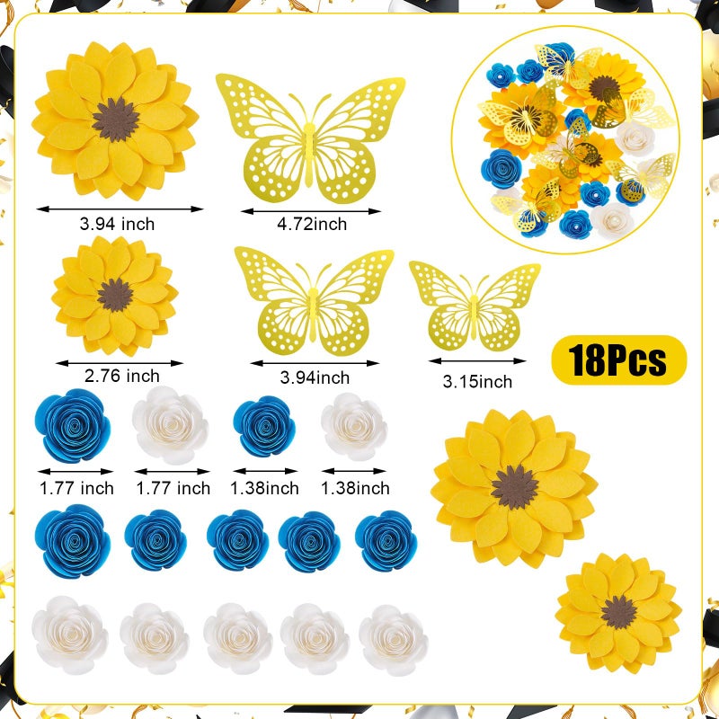 Nezyo 30 Pack Flower and Butterfly DIY Decorations Set 18 Pcs Flower Heads 12 Pcs 3D Butterfly Flat Back Roses Yellow Sunflower Heads for Grad Hats Wedding Baby Shower Home Decor(Blue, Yellow) - Image 2
