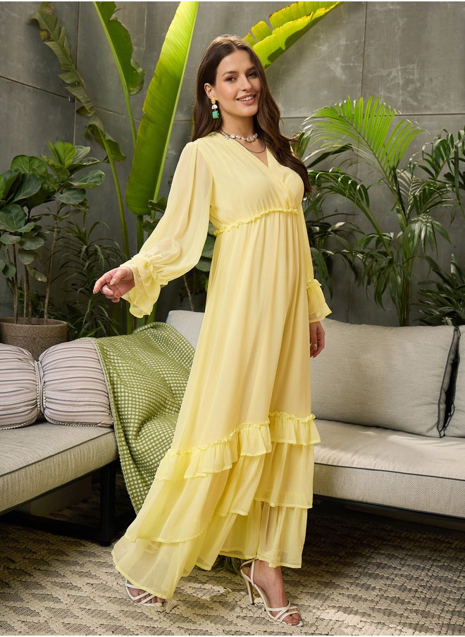SASSAFRAS Pleated Ruffled Detail V-Neck Flared Maxi Dress  - Image 3