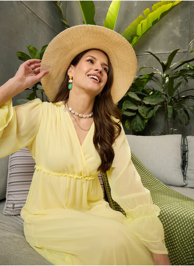 ساسافراس Pleated Ruffled Detail V-Neck Flared Maxi Dress