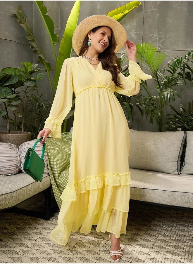 ساسافراس Pleated Ruffled Detail V-Neck Flared Maxi Dress