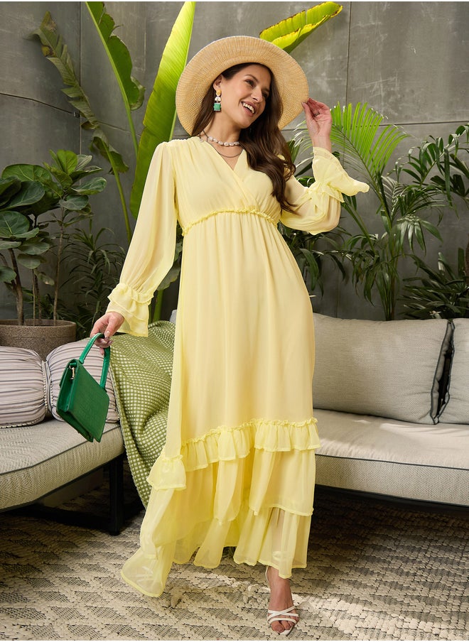 SASSAFRAS Pleated Ruffled Detail V-Neck Flared Maxi Dress  - Image 1