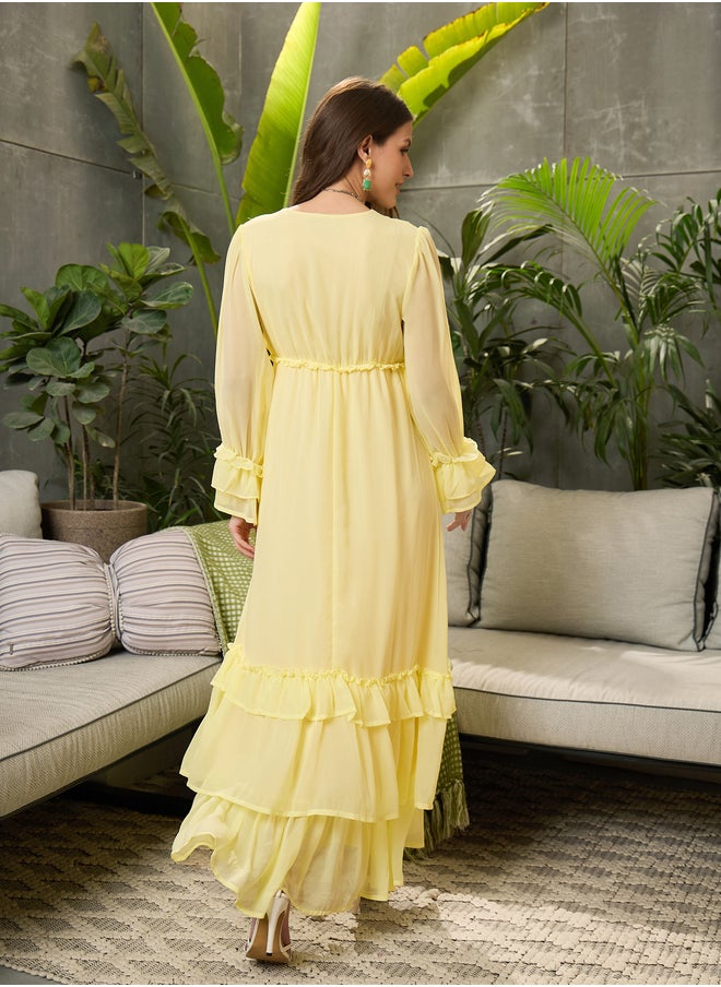 SASSAFRAS Pleated Ruffled Detail V-Neck Flared Maxi Dress  - Image 5