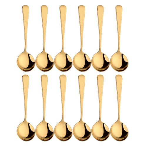 BISDARUN Broth Round Spoon Set, 12-Piece Reusable Stainless Steel Dinner Table Cereal Soup Spoon, Camping Ramen Spoons Gold - Image 1